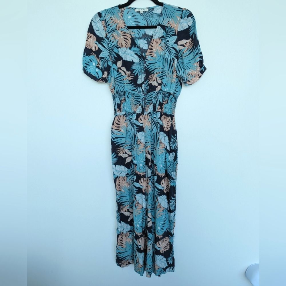 Anthropologie Abel the Label Tropical Print Wide Leg V neck Jumpsuit Sz M